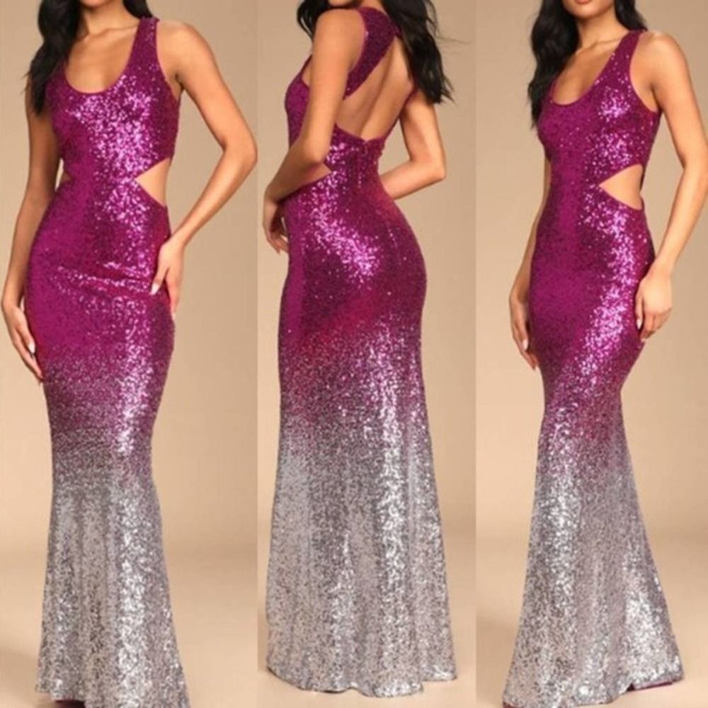 Astonishing Pink and Silver Ombre Sequin Side Cutout Maxi Dress Medium‎